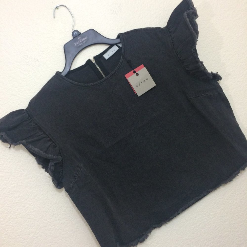 K/LAB Ruffle Sleeve Top Washed Out Black Denim NWT - Picture 10 of 10
